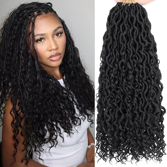 COOKOO 16 Inch 8 Packs Goddess Locs Crochet Hair 12 Stands/Pack Boho Faux Locs Crochet Hair with Curls Pre Looped River Locs Hair for Women Bohemian Locs Synthetic Hair Extensions 1B#