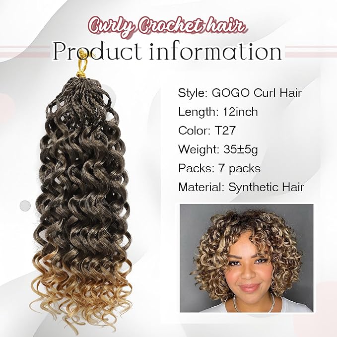 7 Packs Gogo Curl Crochet Hair for Women 12 Inch Pre-Twisted Curly Crochet Hair Deep Ocean Beach Curl Crochet Braids Synthetic Braiding Hair Extensions (12 Inch, 1B/27)