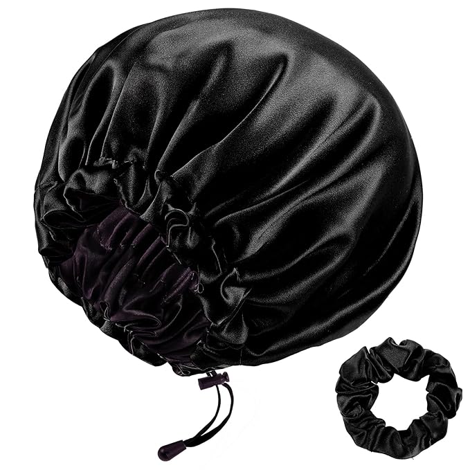 RedJoe 22 Momme 100% Mulberry Silk Bonnet Hair Wrap for Sleeping, Adjustable Silk Scrunchies Sleep Cap for Women Men Hair Care, Head Scarf Night Caps with Elastic Stay On Head, 1Pc(Black,Black)