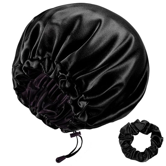 RedJoe 22 Momme 100% Mulberry Silk Bonnet Hair Wrap for Sleeping, Adjustable Silk Scrunchies Sleep Cap for Women Men Hair Care, Head Scarf Night Caps with Elastic Stay On Head, 1Pc(Black,Black)