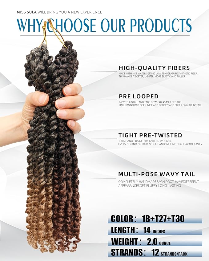 14 Inch 8 Packs Passion Twist Crochet Hair - Mixed Color Combo Pack (1B, T27, T30), Pre-twisted Pre-looped Braided Hair Extensions for Black Women