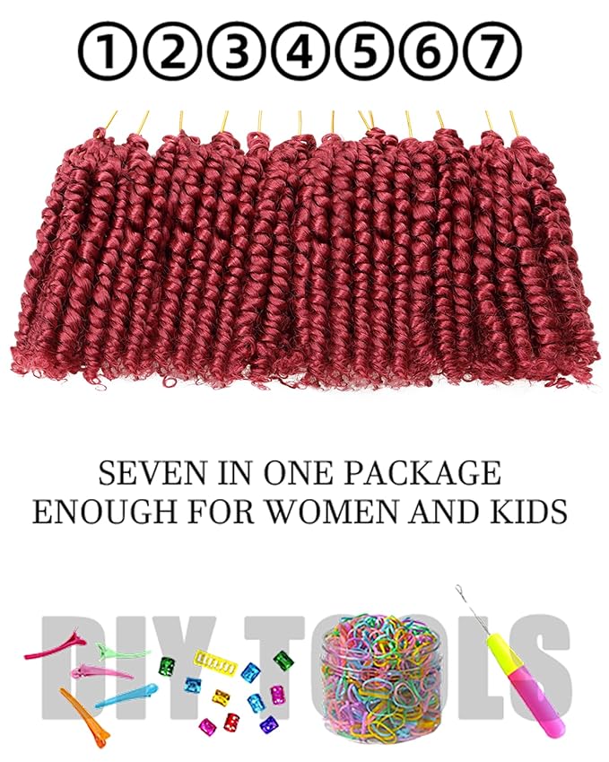 4 Inch 7 Packs Super Short Passion Twist Crochet Hair for Black Women and Kids-Burgundy Pre Looped Pretwisted Soft Hair Extensions,Braided by Synthetic Spring Kinky Twist Bohemian Curl(4"-7P,BUG#)