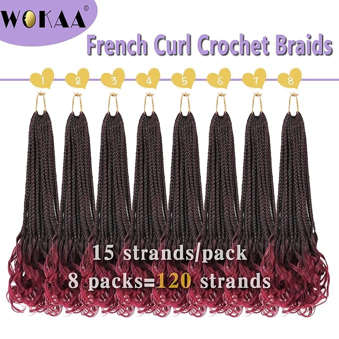 French Curl Crochet Braids 18 Inch 8 Packs Goddess Box Braids Crochet Hair for Women Pre Looped Crochet Box Braid with Curly Ends Synthetic French Curly Braiding Hair Extensions (8 Packs，1B/BUG)