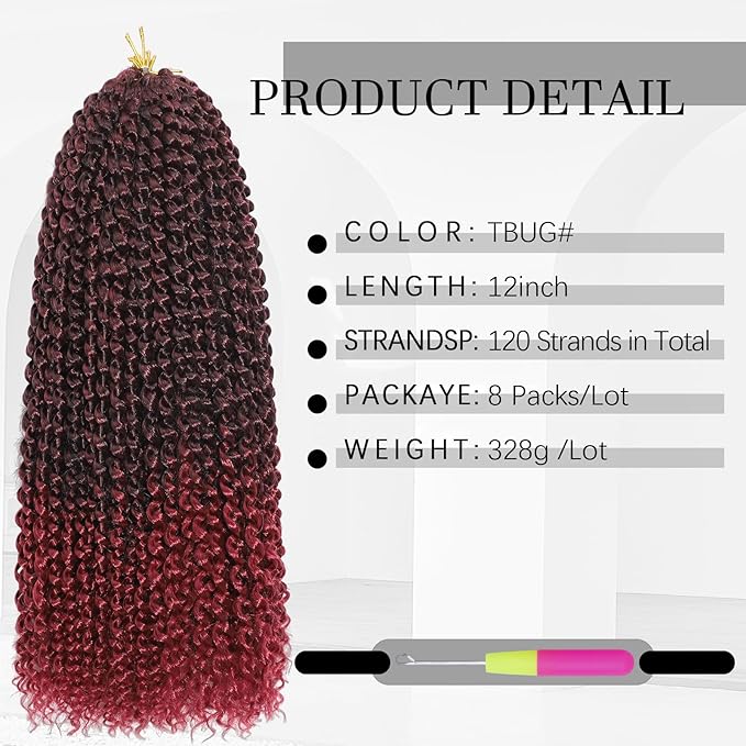 Passion Twist Hair 12 Inch 8 Packs Water Wave Crochet Hair Bohemian Braiding Hair Pre Looped Crochet Braids Hair Extensions for Black Women （T/Bug#）