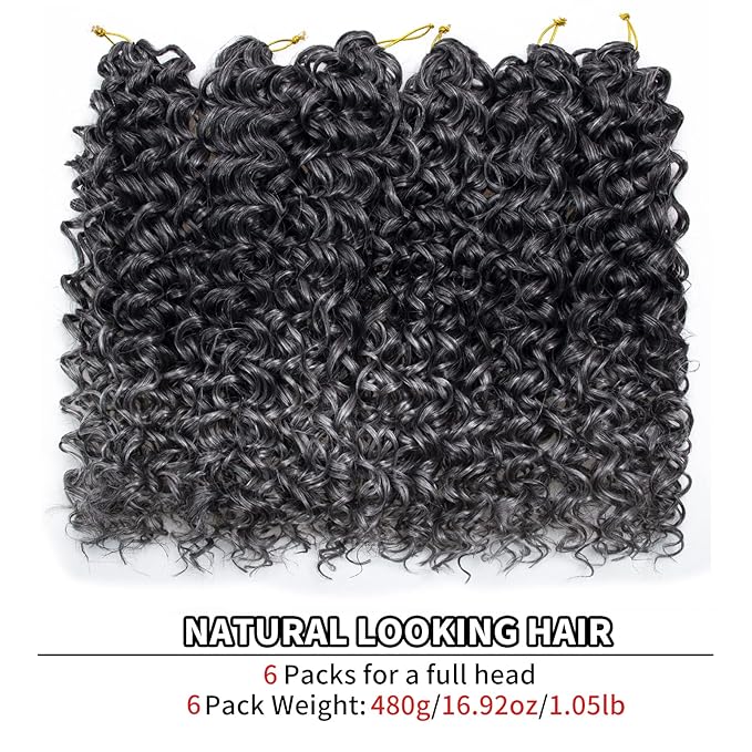 6 Packs Curly Crochet Hair for Women 18 Inch GoGo Curl Crochet Hair Water Wave Synthetic Hair Extensions (18 inch(Pack of 6), T1B/Grey)