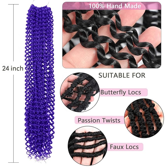 Passion Twist Hair 24 Inch 8 Packs Passion Twist Crochet Hair Water Wave Braiding Hair Long Spring Twist Hair Crochet Braids Synthetic Hair Extension (24 Inch (Pack of 8), Purple)