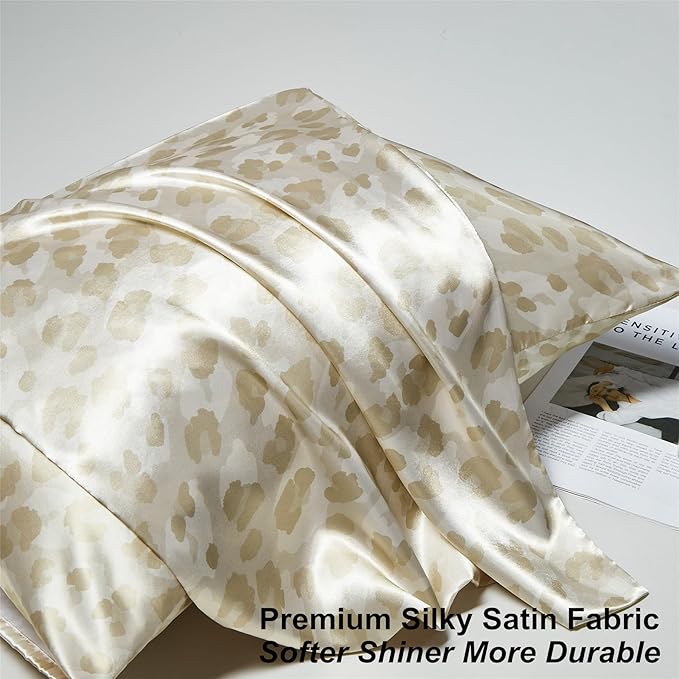 Satin Pillowcase for Hair and Skin, Leopard Print Soft Silky Pillow Cases Queen Size Pack of 2, Cooling Satin Pillowcase Set with Envelope Closure (20x30 inches, Champagne)