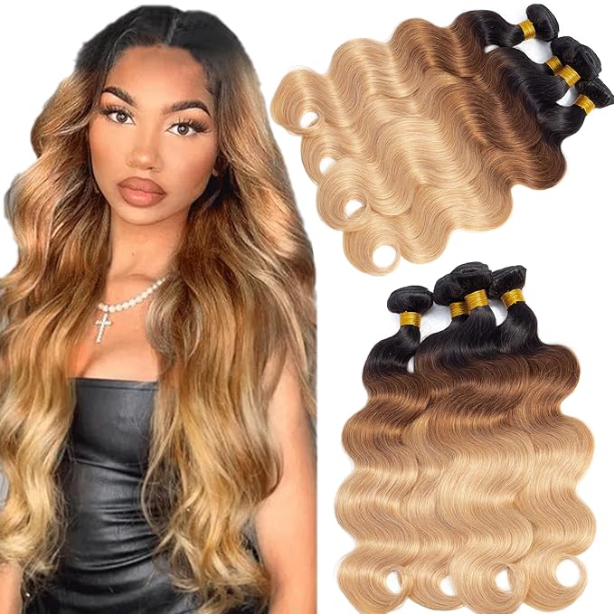 12A Ombre Body Wave Bundles Human Hair (T1B/30/27,18" 20" 22" 24") 100% Real Human Hair 3X Longer Lifespan 100% Unprocessed Ombre Brown Body Wave Human Hair Weave Bundles
