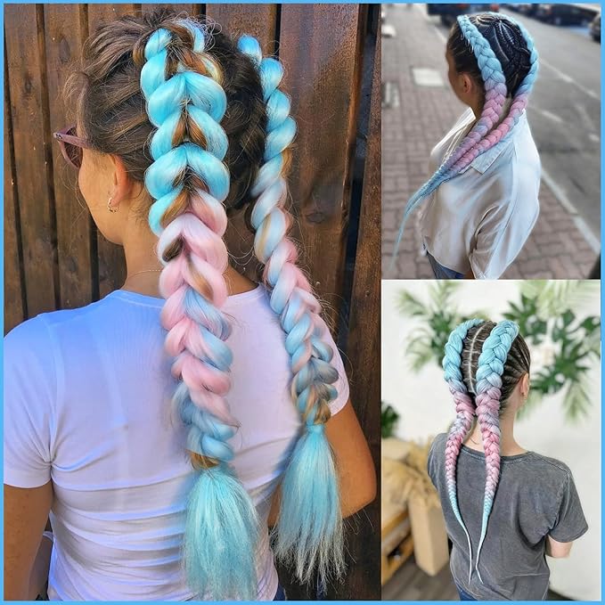 L.Blue/Pink/L.Blue Braiding Hair Pre Stretched 2 Packs Box Braids Hair Extensions 26 Inches Synthetic Pre Stretched Braiding Hair…