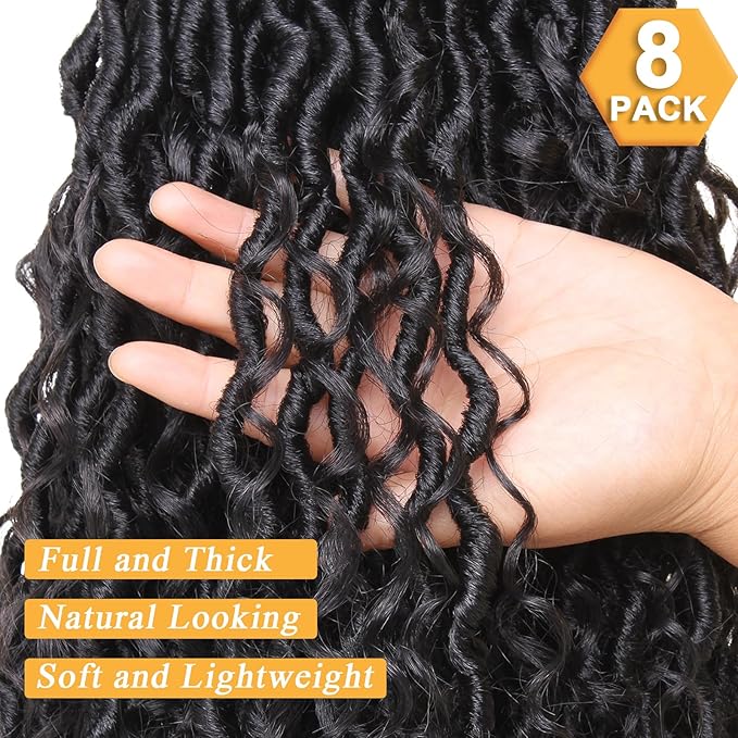 COOKOO Natural Black Faux Locs 30 Inch Crochet Hair for Women - 8 Pack, Pre-Looped Goddess Loc Extensions with Curly Ends - Boho Style Synthetic Hair