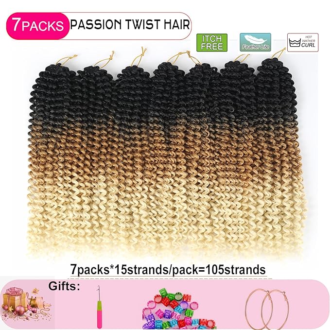 Three Tone Passion Twist Hair, 18 Inch 7 Packs Water Wave Crochet Hair,Ombre Wrap Braiding Hair For Passion Twist Crochet Hair/Butterfly Locs/Spring Twist Crochet Braids Twist Hair(18in,1B/27/613#)