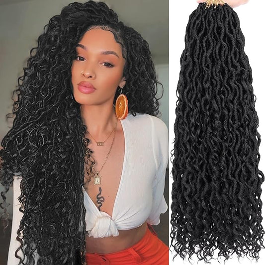 COOKOO 20 Inch 8 Packs Goddess Locs Crochet Hair Natural Black Boho Faux Locs Crochet Hair with Curls Pre Looped River Locs Hair for Black Women Bohemian Locs Synthetic Hair Extensions 1B#