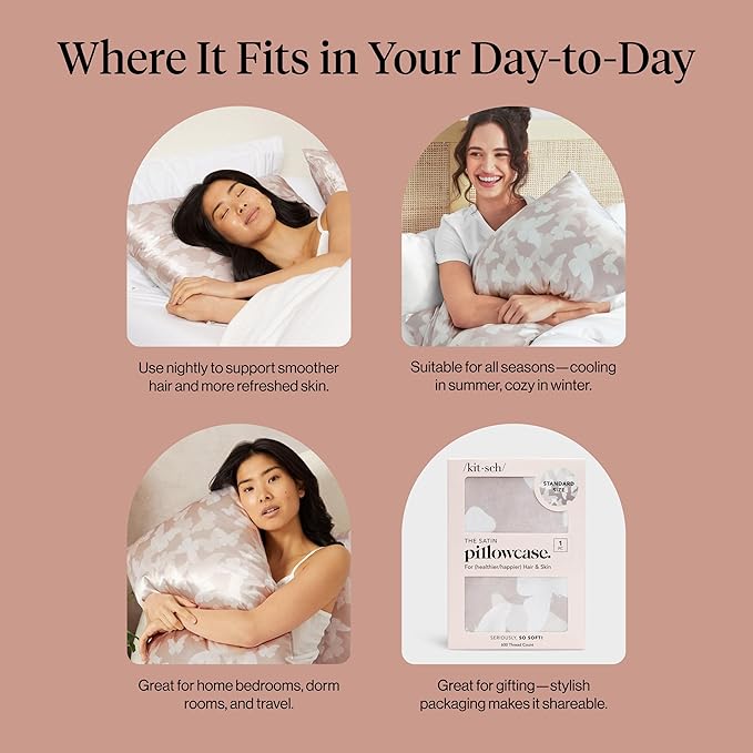 Kitsch Satin Pillowcase with Zipper for Hair & Skin, Softer Than Silk Pillow Cases Queen, Wrinkle-Free, Smooth and Cooling Satin Pillow Covers, Standard Size 19"x26", Champagne Butterfly