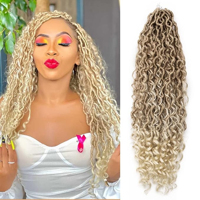 Goddess Locs Crochet Hair 22Inch Boho Faux Locs With Curly Ends 6Packs Pre-looped Crochet Hair Blonde River Hippie Bohemian Crochet Loc for Black Women(27/613, 22inch)