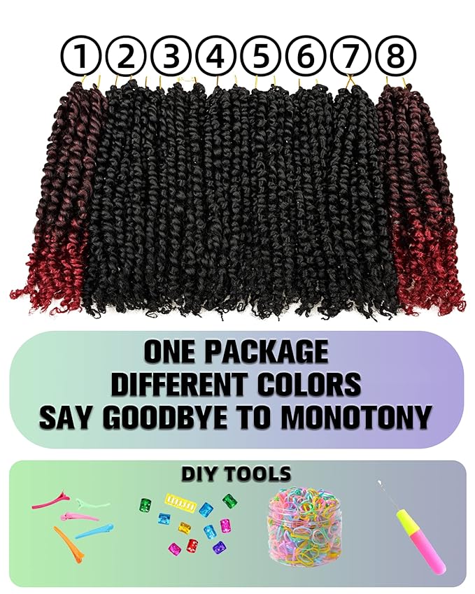 10 Inch 8 Packs Passion Twist Crochet Hair-Mixed Color Combo Pack(6 packs 1B+2 packs T1B/BUG),Pre-twisted Pre Looped Soft & Bouncy Synthetic Braided Hair Extensions For Black Women and Kids(1B+TBUG)