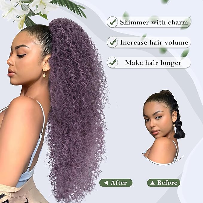 27 Inch Drawstring Ponytail Extension for Black Women Deep Curly Ponytail Extension Synthetic Mixed with Human Hair Hairpieces Afro Kinky Curly Pony Tail for Daily Use (Pink Mixed Grey)
