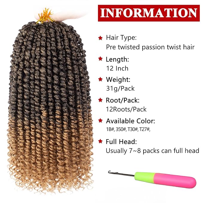 Xtrend 8 Packs Pre-Twisted Passion Twist Crochet Hair 12 Inch Natural Pre-Looped Passion Twist Crochet Braids Hair For Women Bohemian Synthetic Passion Braiding Hair Extension (8packs, T27#)