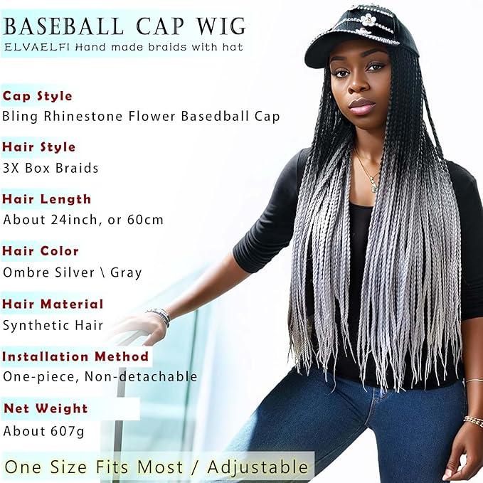 24in 3x Braided Wigs Hat Ombre Silver Gray, Ghic Bling Cap Wig for Women Girls Easy Style