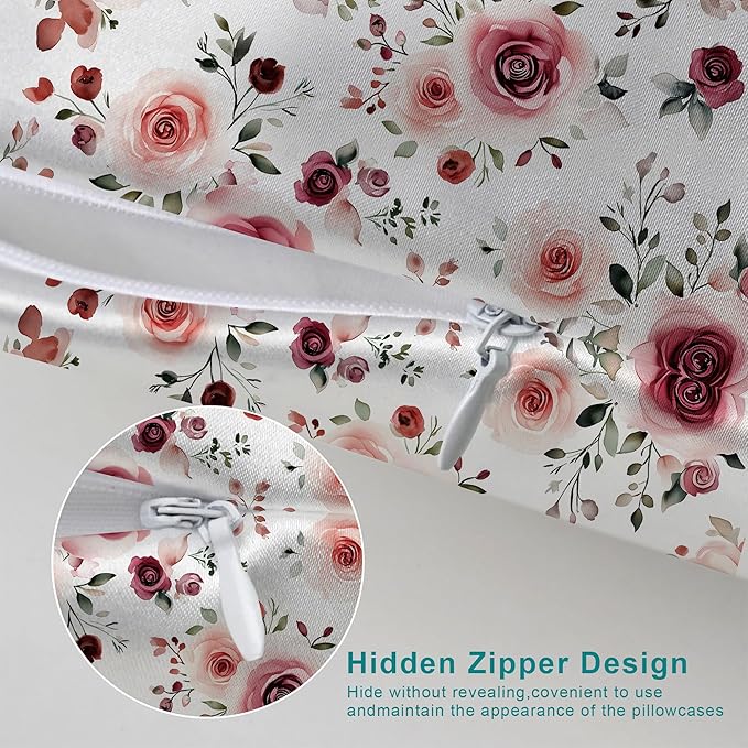 Satin Pillowcase Rose Flowers and Leaves Similar to Silk Pillow Cases for Hair and Skin, 1 Pack Soft Smooth Breathable Cool Pillow Cases, Queen Size with Hidden Zipper 20" x 30"