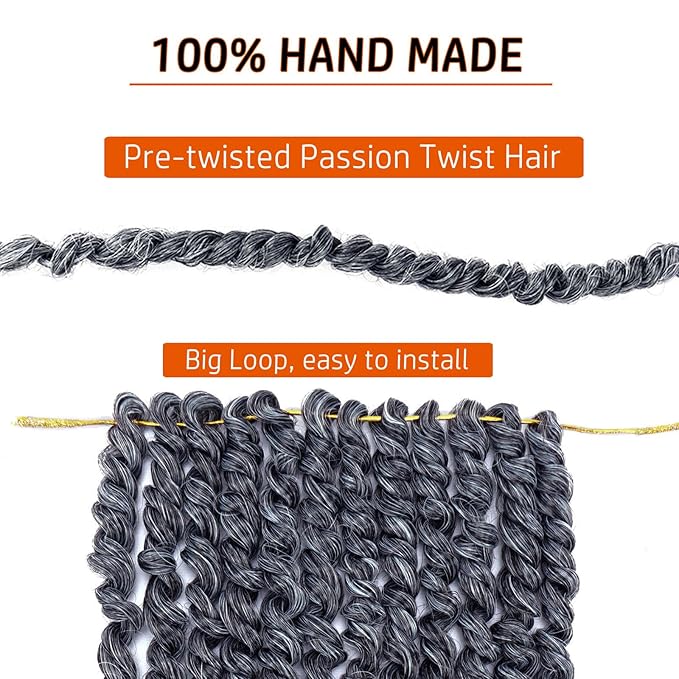 Short Passion Twist Hair 8 Inch Pre-twisted Passion Twist Crochet Hair for Women 8 packs Pre-looped Water Wave Crochet Braids Bohemian Curly Braiding Hair Synthetic Hair Extensions 1B/Gray