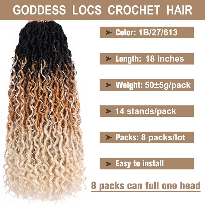 COOKOO 18 Inch 8 PCS Pre Curled Goddess Faux Locs Crochet Hair with Curly Ends 14 Strands/Pack Bohemian Curly Crochet River Locs Braids Hair for Black Women Hippie Locs Crochet Braids Hair 1B/27/613#
