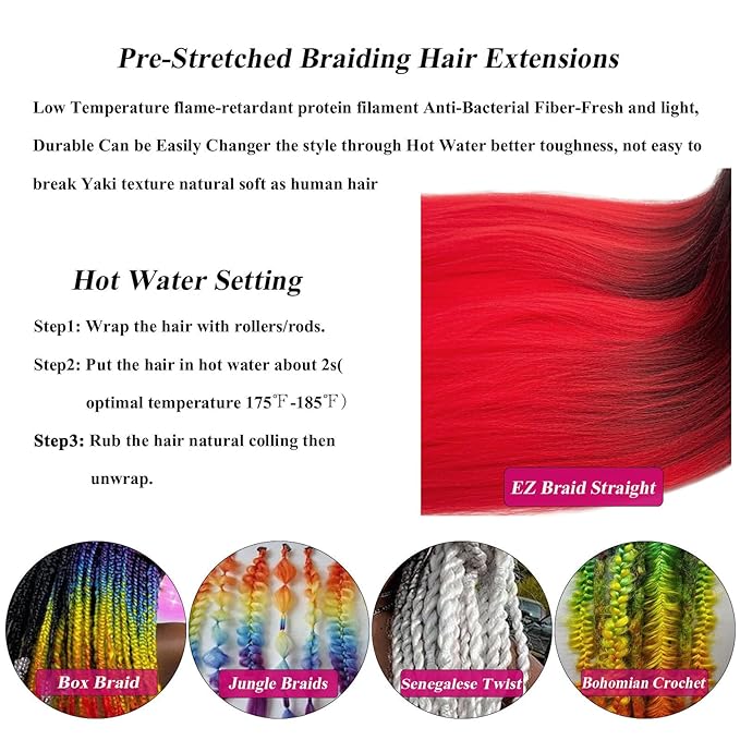 Red Ombre Braiding Hair Pre Stretched Black Red Braiding Hair Extensions for Box Braids Prestretched Braiding Hair Ombre Crochet Knotless Kids Micro Jumbo Braids 26 inch 8 pack