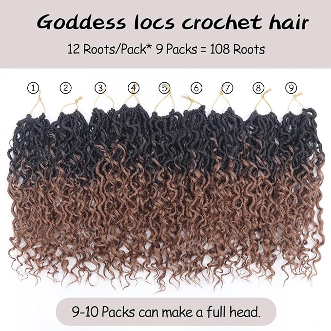 Goddess Locs Crochet Hair 12 Inch 9 Packs Synthetic Faux Locs Crochet Hair for Black Women, River Locs Hair Extensions Style Pre looped Crochet with Curly Ends