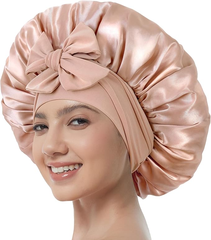 Satin Bonnet with Tie Band,Silk Hair Bonnet for Sleeping Women,Bonnets for Women,Double Layer Sleep Cap for Braids Curly Hair