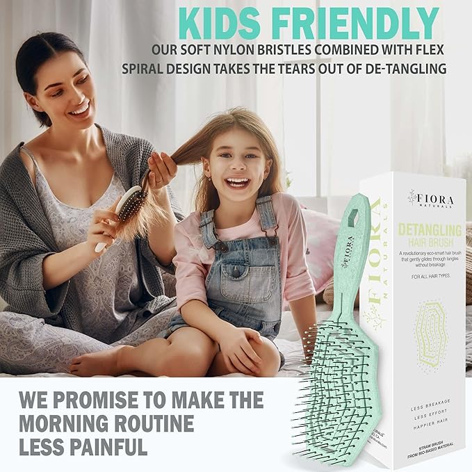 Fiora Naturals Hair Detangling Brush for Women - Detangler Hair Brush w/Flexible Soft Bristles- Gently Glides Through Tangles - Curly, Fine, Dry and Shower Wet HairBrush, cepillo para cabello - Green