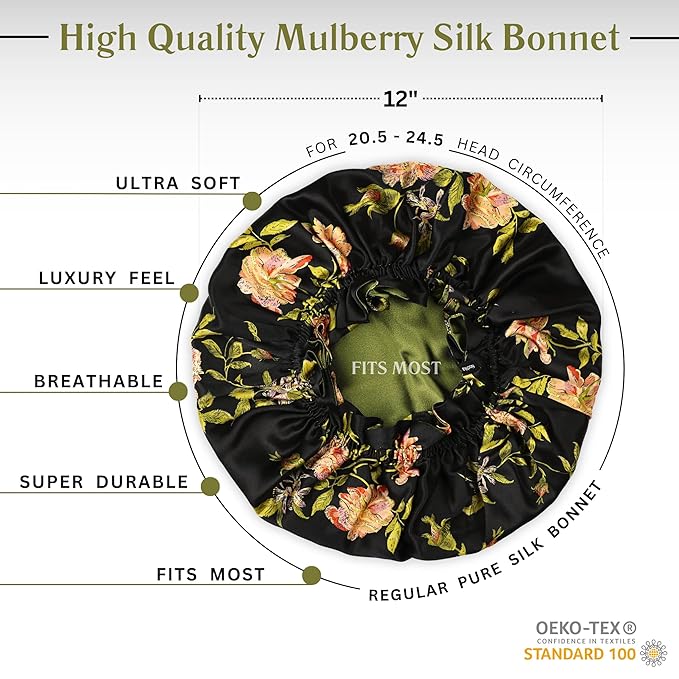 100% Mulberry Silk Bonnet for Women – Handmade in USA, 19 Momme Double-Layer Reversible Hair Wrap, Non-Slip Sleep Cap for Curly & Natural Hair, Luxury Hair Protection (Wild Rose)