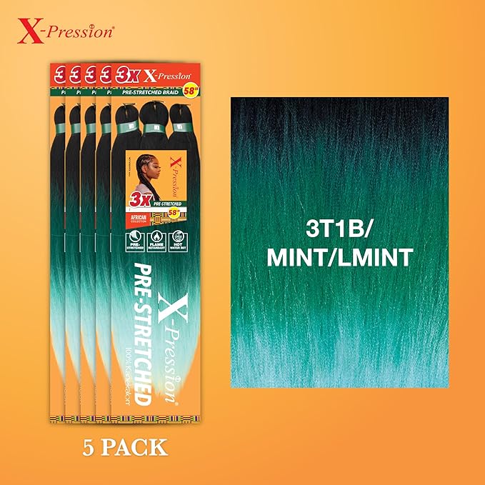 Sensationnel X-pression prestretched braiding hair - 3x braid 58 inch all kanekalon flame retardant synthetic braid for box braids and twists (5 pack, 3T1B/MINT/LMINT)