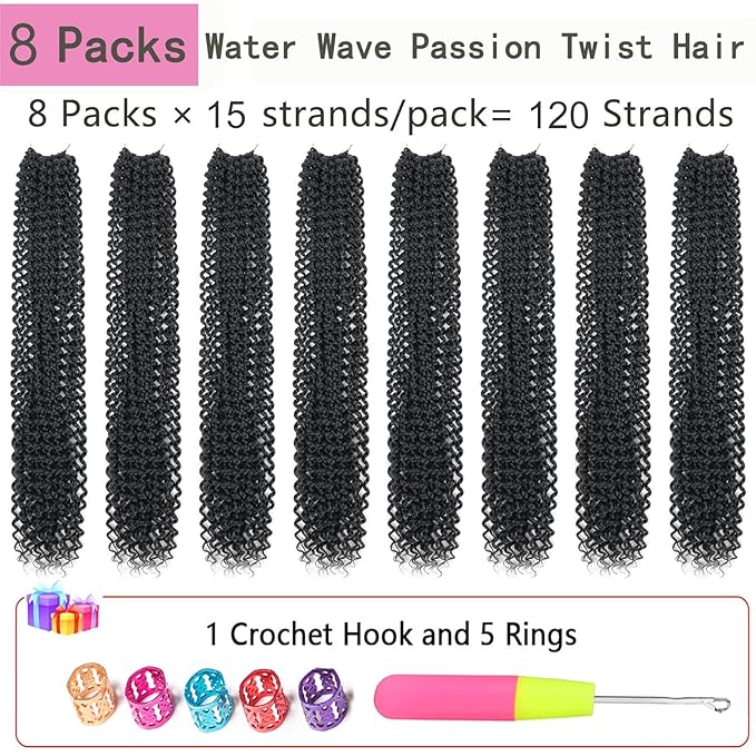Alrence Passion Twist Hair 28 Inch 8 Packs Water Wave Crochet Hair Curly Braiding Hair For Butterfly Locs Long Bohe Crochet Braids (28 Inch (Pack of 8), 1B#)