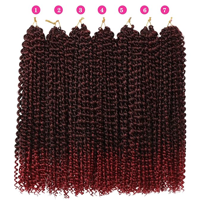 Ubeleco 18 Inch Passion Twist Hair, Ombre Burgundy Water Wave Crochet Hair for Women 22 Strands/Pack Passion Twist Crochet Hair Long Bohemian Synthetic Curly Braiding Hair Extensions(7pcs,1B/Bug)