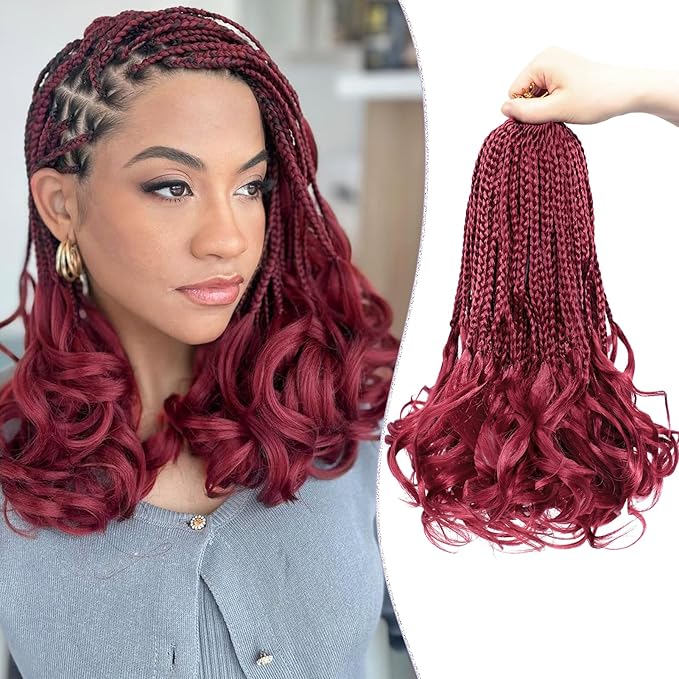 Burgundy French Curly Braiding Hair 12 Inch 8 Packs Short Red Crochet Box Braids with Curly Ends Pre-looped French Curl Crochet Hair for Women Synthetic Hair Extensions BUG#