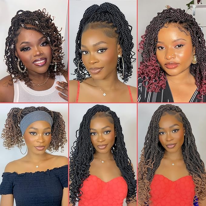 Leeven 6 Inch Senegalese Twist Crochet Hair with Curly Ends, 8 Packs Black Pre Looped 2 Strand Short Twist Hair, Wavy Small Hanava Twist, Synthetic Crochet Braids for Women Girl Kids