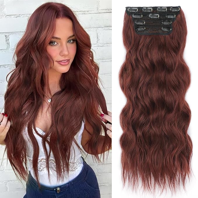 ALXNAN Clip in Long Wavy Synthetic Hair Extension 24 Inch Wine Red 4PCS Thick Hairpieces Fiber Double Weft Hair for Women