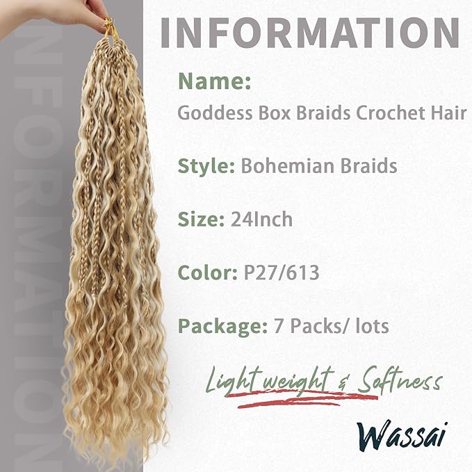 24 Inch Goddess Box Braids Crochet Hair 7 Packs Boho Braids Pre Looped Crochet Braids With Curly Ends Synthetic Bohemian Crochet Braiding Hair for Women, P27/613