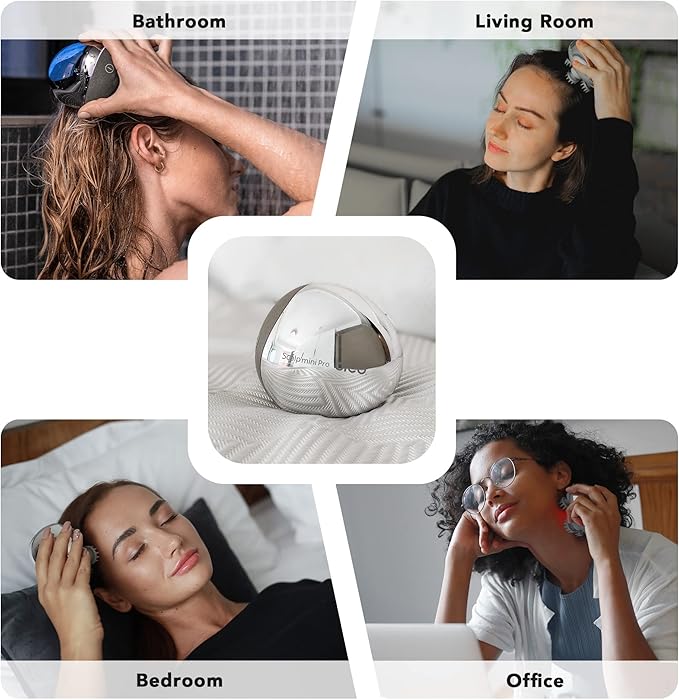 Breo Portable Mini Scalp Massager – IPX7 Waterproof Rechargeable Head Massager for Scalp Relax, Stress Relief Tool with Bamboo Wood Charging Base, Removable Massage Nodes (Silver with Base)