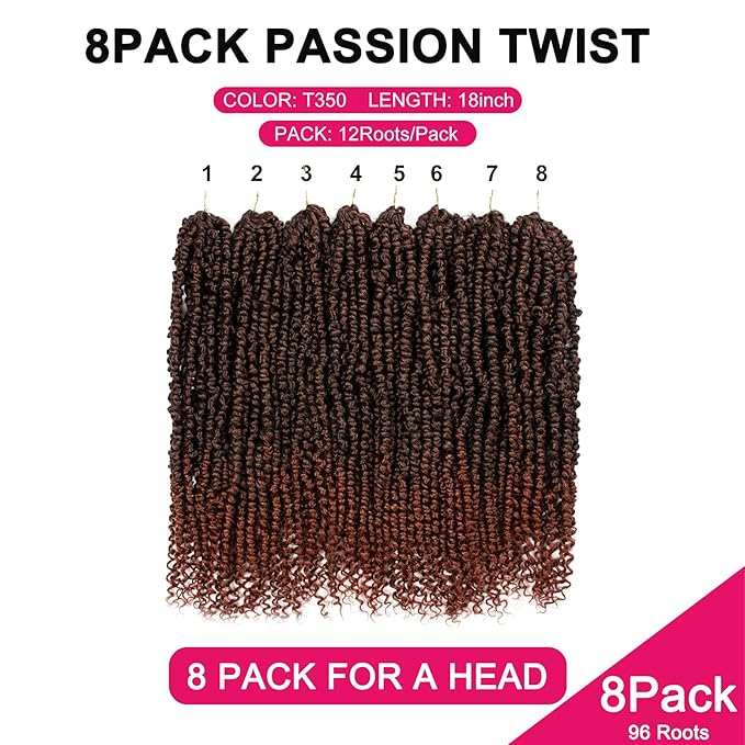 Passion Twist Hair - 8 Packs 18 Inch Passion Twist Crochet Hair For Women, Crochet Pretwisted Curly Hair Passion Twists Synthetic Braiding Hair Extensions (18 Inch 8 Packs, T350)