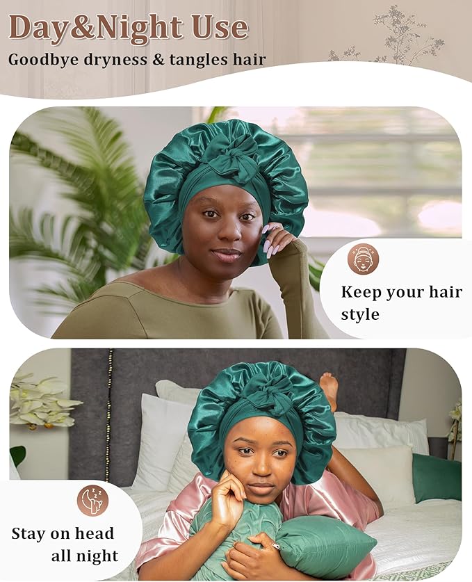 Reversible Satin Bonnet for Sleeping Women Double Layer Hair Bonnet with 2PCS Hair Scrunchies Elastic Tie Band Night Cap