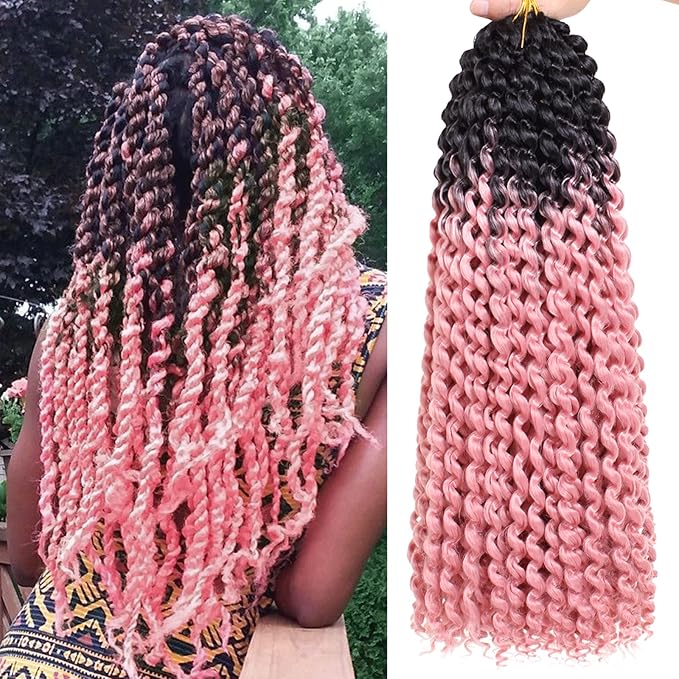 Leeven 18 Inch Water Wave Crochet Hair 2 Packs Curly Passion Twist Hair Ombre Pink Synthetic Bohemian Braiding Hair for Boho Locs Butterfly locs Crochet Braids Hair Extensions 22#