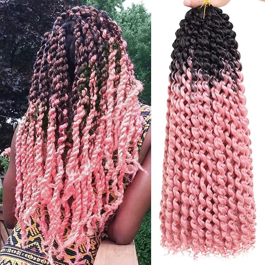 Leeven 18 Inch Water Wave Crochet Hair 2 Packs Curly Passion Twist Hair Ombre Pink Synthetic Bohemian Braiding Hair for Boho Locs Butterfly locs Crochet Braids Hair Extensions 22#