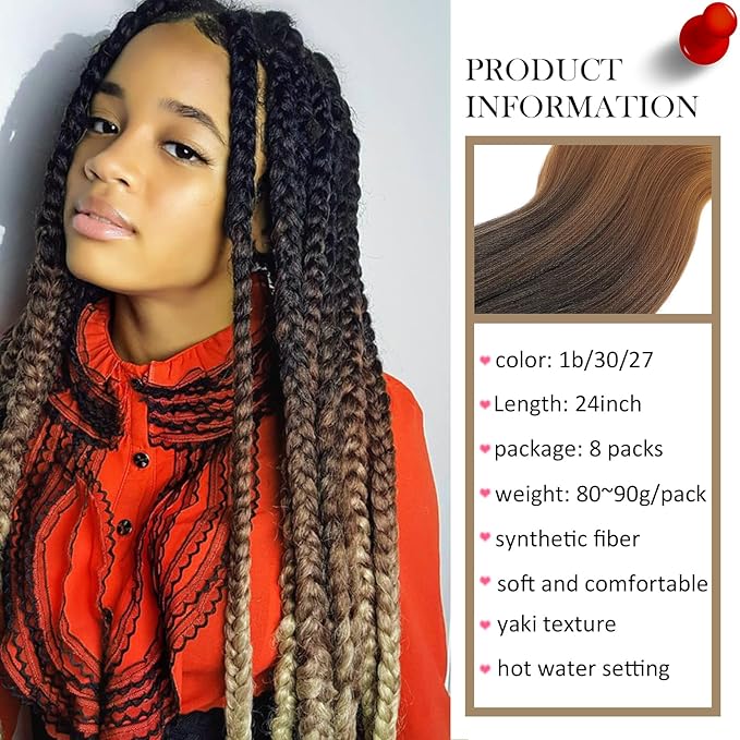 Ombre Pre-stretched Braiding Hair, Top Silky Braid Hair Extensions, Itch Free Crochet Twist Hair Braids, Yaki Texture Original Braiding Hair Pre Stretched, 0.21 pound/bundle (24''-8 bundles, 1b/30/27)