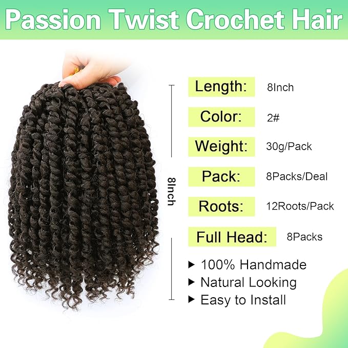 Passion Twist Crochet Hair 8Inch Passion Twist Hair 8 Packs Pre-Twisted Passion Twist Crochet Hair for Black Women Soft Passion Twist Curly Crochet Hair 8"(Pack of 8) 2#