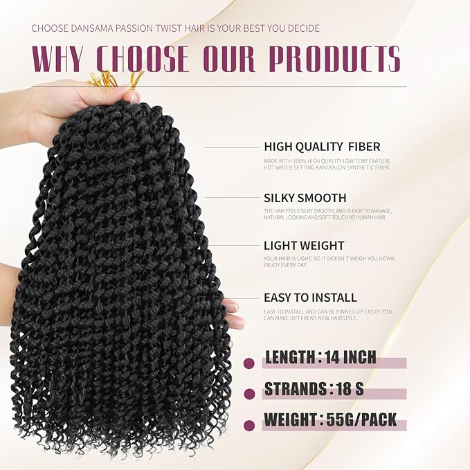 Dansama Passion Twist Hair Water Wave Braiding Hair for Butterfly Style Crochet Braids Bohemian Hair Extensions (14inch (Pack of 7), #1B)