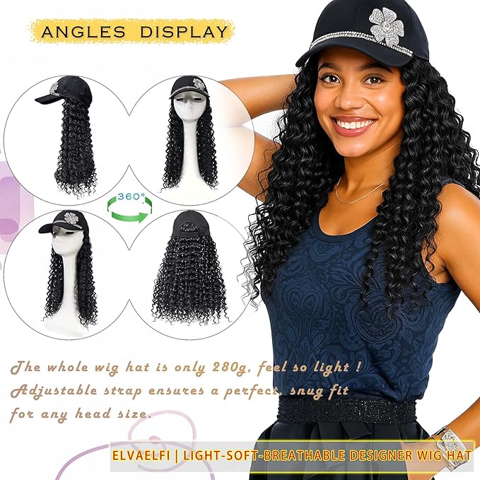 Hat Wig 16-Inch Gogo Curl Crochet Hair Extensions, Black Deep Wave Afro Curly Wigs for Black Women