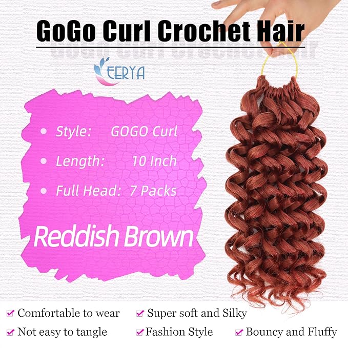 7 Packs Auburn GoGo Curl Crochet Hair 10 Inch Copper Red Short Curly Crochet Hair for Women Water Wave Beach Curl Deep Twist Crochet Braids Synthetic Braiding Hair Extensions (10 Inch, Reddish Brown)