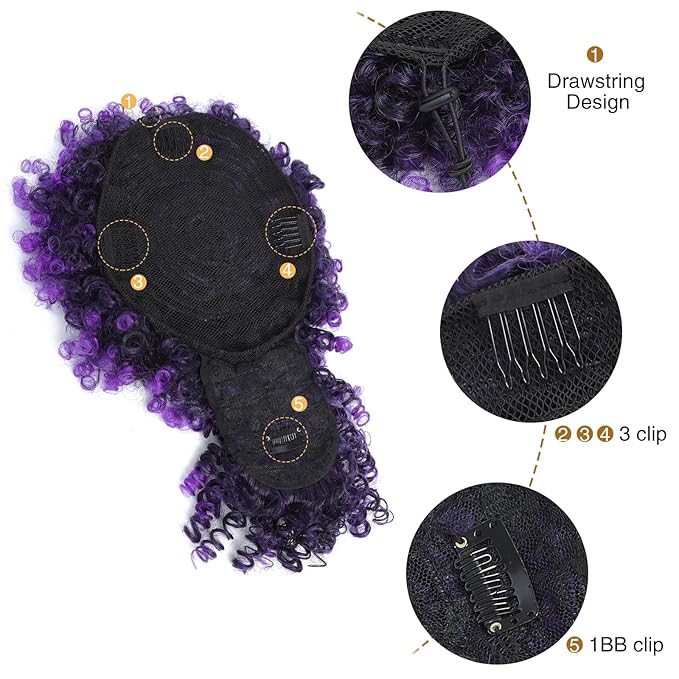 ENTRANCED STYLES Drawstring Ponytail with Bangs Afro Puff Ponytail Extensions for Women Short Curly Puff Ponytail with Bangs Clip in Wrap Updo Hairpiece(Tpurple)