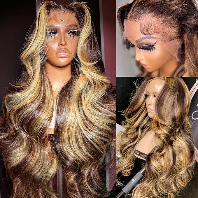MEGOOD 13X6 Highlight Ombre Lace Front Wig Human Hair 200 Density 13X6 Body Wave Lace Front Wigs Human Hair Pre Plucked HD Frontal 4/27 Glueless Honey Blonde Wig 20 Inch