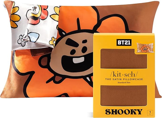 Kitsch x BT21 Satin Pillowcase with Zipper – Better Than Silk Pillowcase, Shooky Character & Funky Floral Print – Soft Cooling Toddler Bed Time Pillow Case for Hair & Skin – Queen/Standard 19x26